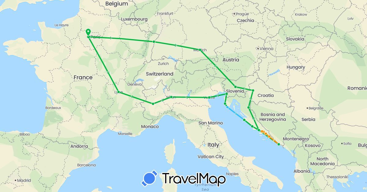 TravelMap itinerary: driving, bus, boat, hitchhiking in Germany, France, Croatia, Italy, Slovenia (Europe)